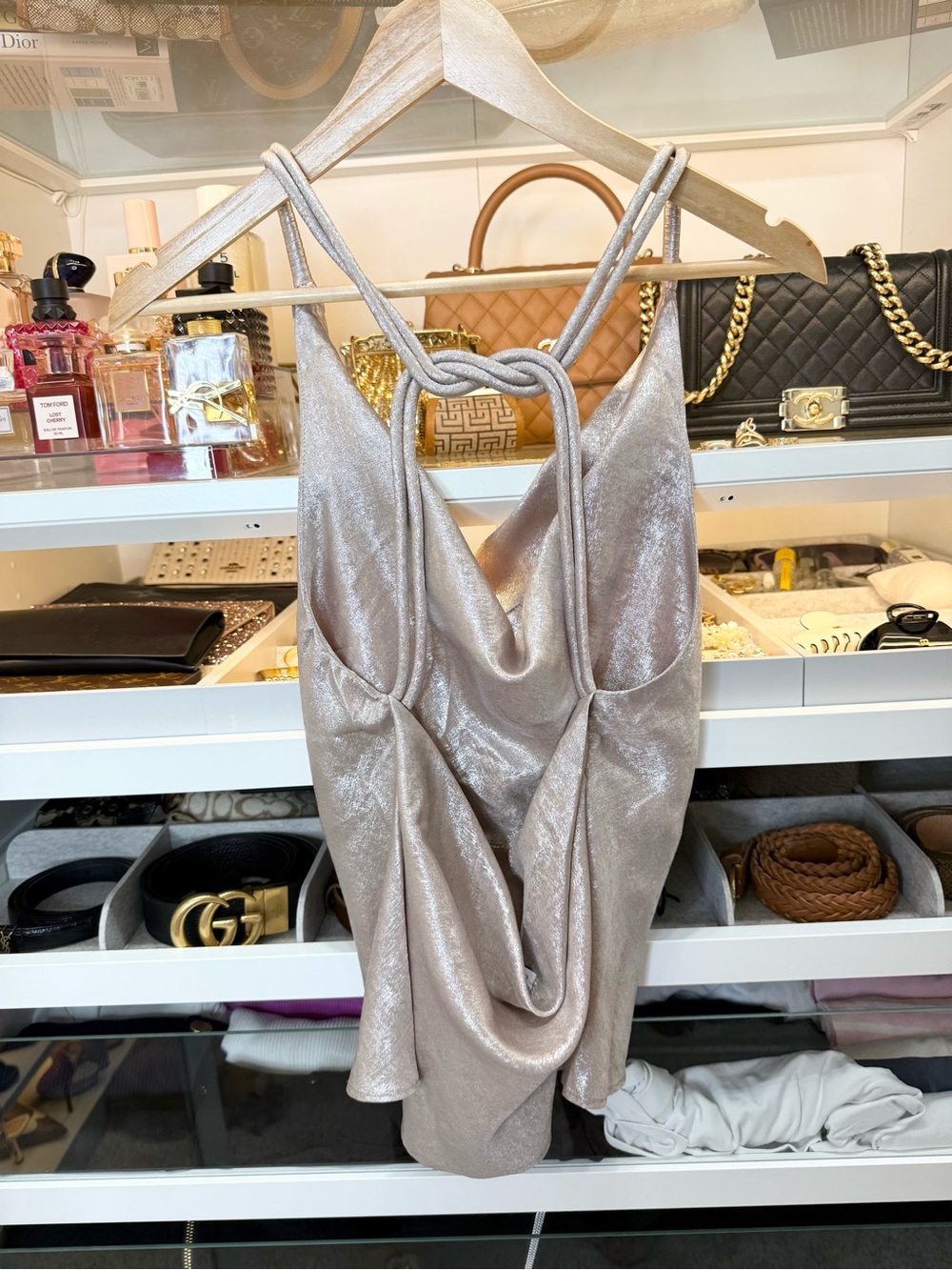 Shimmery Silver Cowl Neck Satin Tank NWT Venture 19 gold tan beige metallic